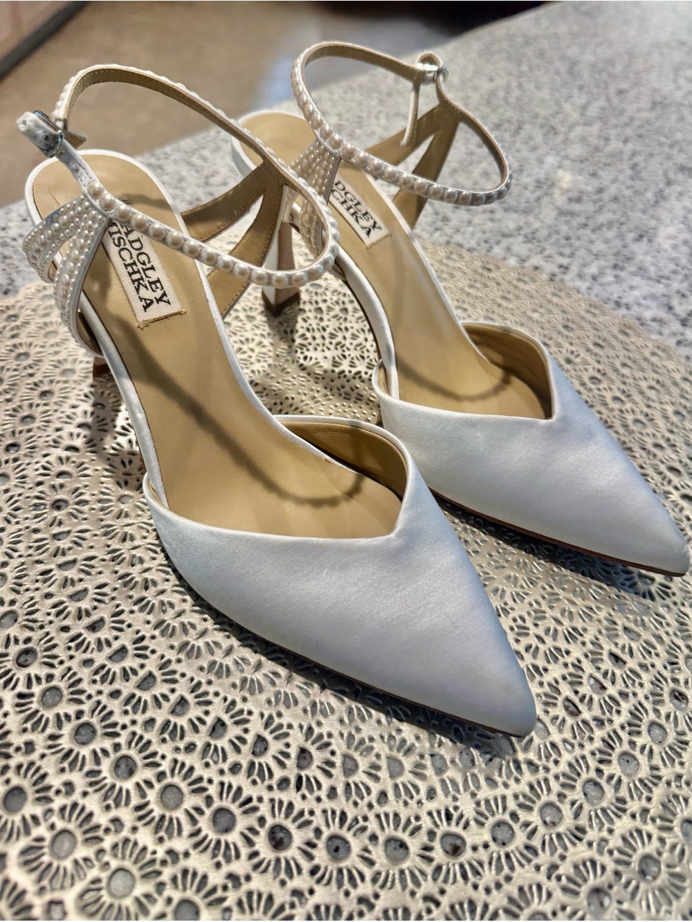 BadgleyMischka IvorySatin Pointed Toe Ankle-StrapHeels Pearl Detail6.5 worn once